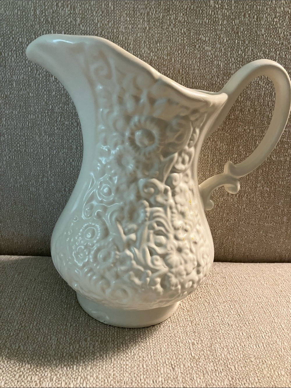 Hull  Vintage Embossed Ceramic Pitcher in White - Classic Decorative Vase